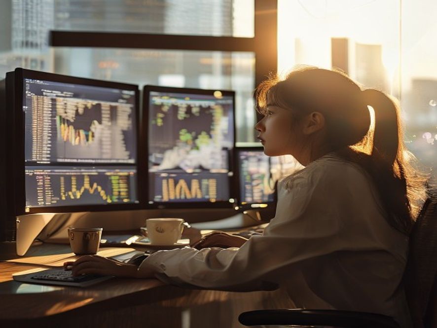 一位中国金融分析师在办公室查看美联储加息新闻和港股下跌行情