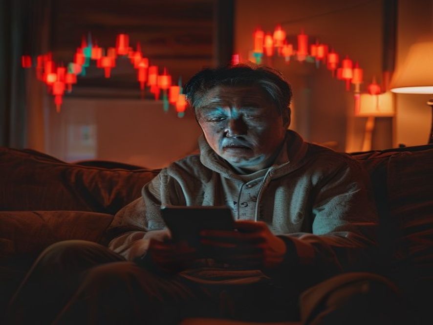 一位中国男性投资者沮丧地盯着手机上的腾讯股价K线图