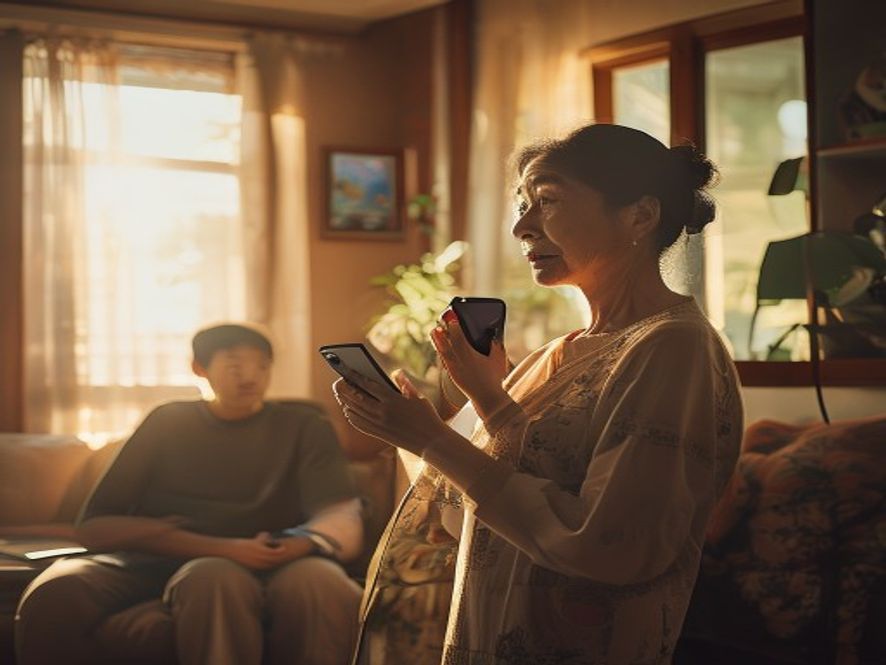 母亲焦急地同时用两部手机和一个pad查分,并打电话给班主任