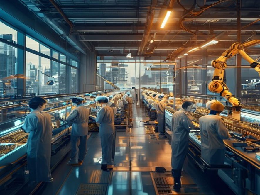 成都高新区的现代化电子工厂,工人检查自动化设备