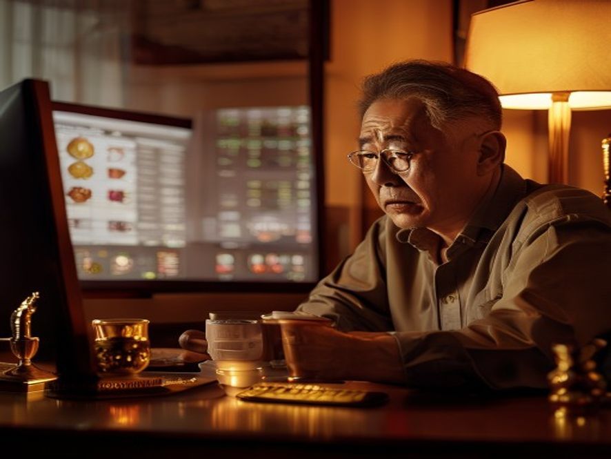 一名中年男子坐在电脑前查看黄金白银投资账户,表情担忧