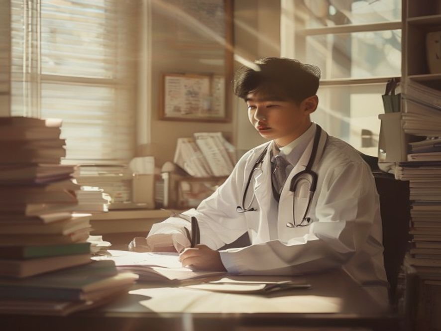 年轻医生在诊室中学习,桌上堆满医学书籍,窗外阳光温暖