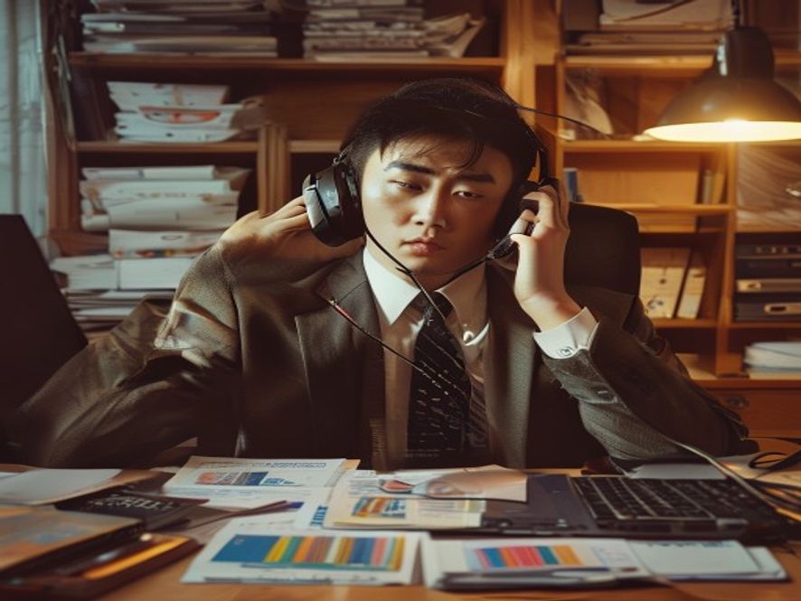 西装革履的金融销售正在打电话推销产品,表情疲惫