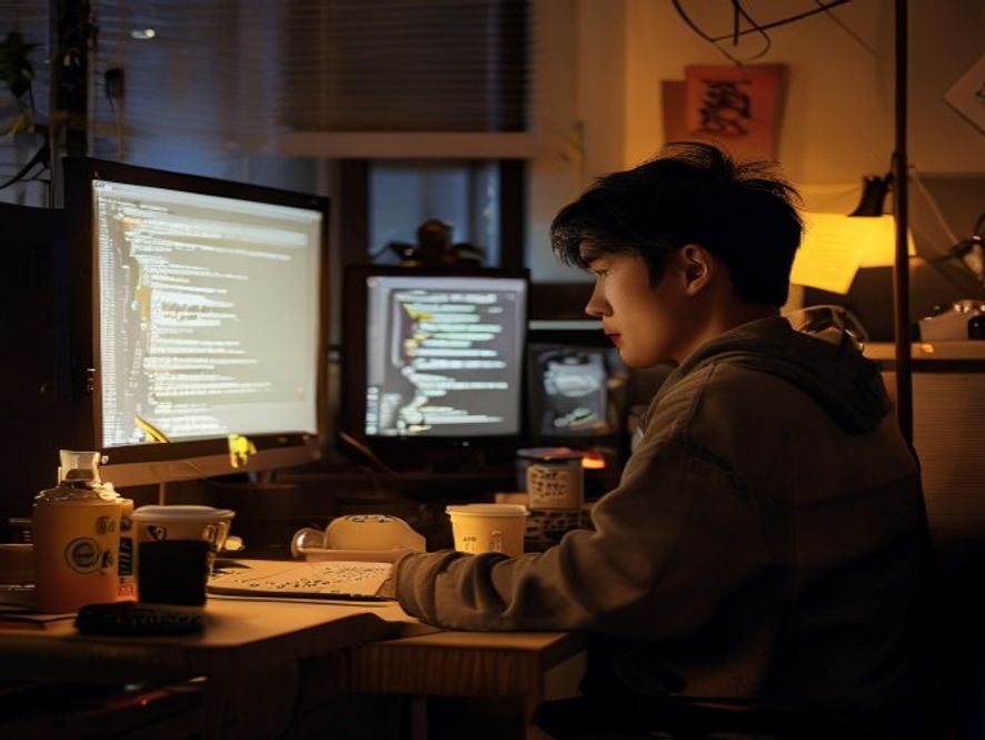 年轻程序员深夜加班改bug,桌上堆满咖啡和便条