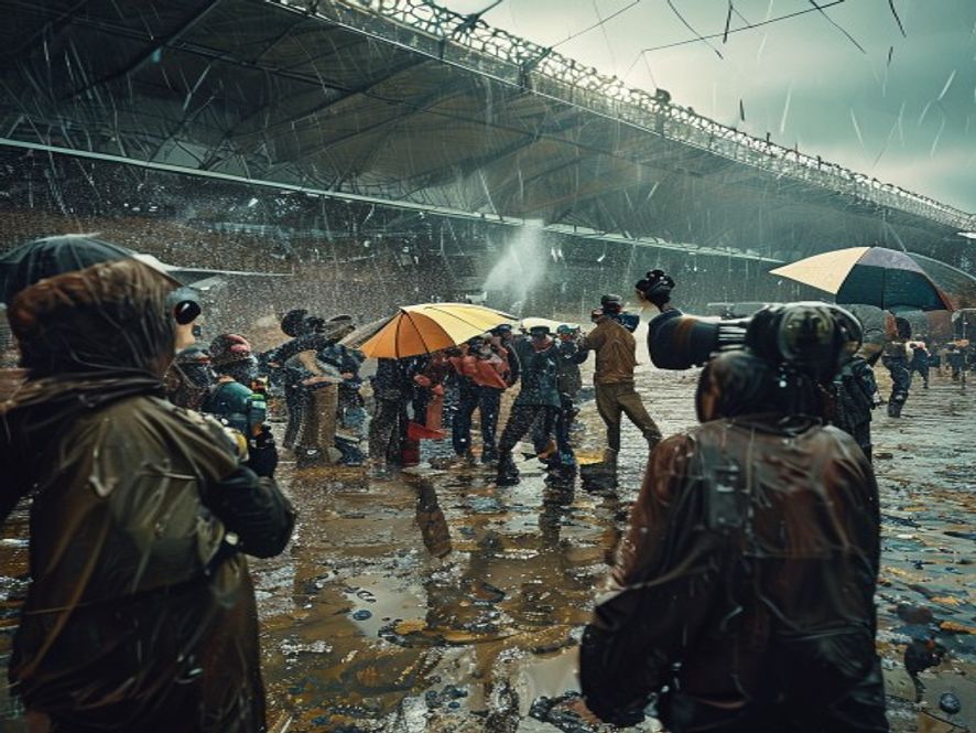 暴雨中媒体记者和观众在露天体育场狼狈躲避