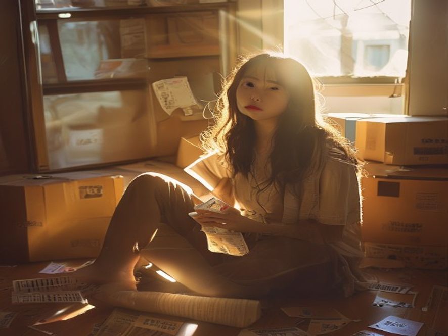 一名年轻女子坐在地板上,面前散落着旧票根,手拿一张高铁票,阳光从窗户洒入