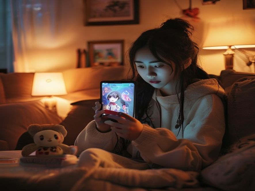 一位女性玩家温柔地看着手机屏幕上的游戏男主角色,旁边有氪金记录和周边