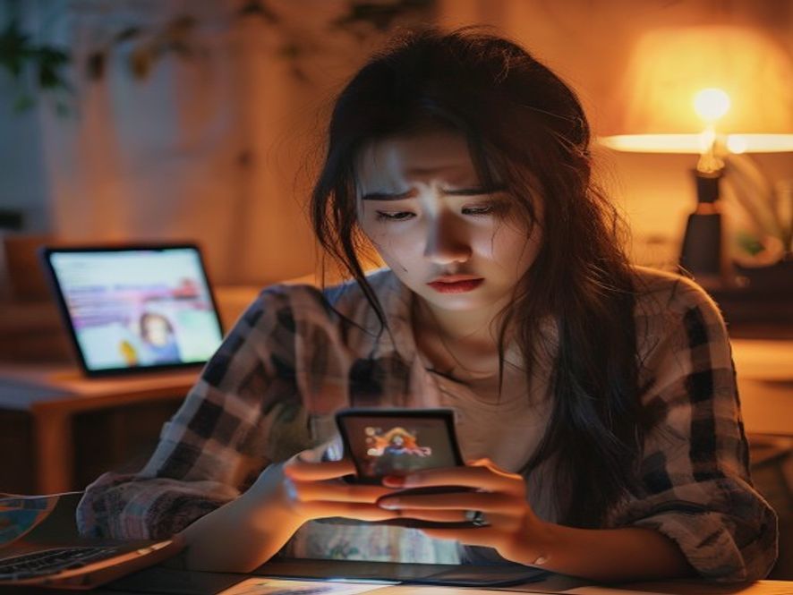 一位年轻女性玩家看到游戏新男主公告后失望地放下手机