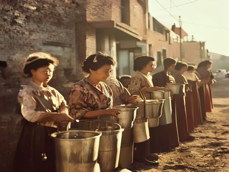 1950年代中国小镇上,人们提着水桶在公共水龙头前排长队接水