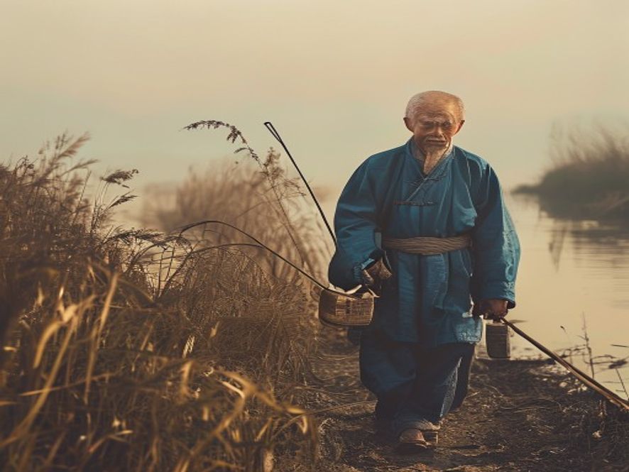 一位老人用扁担挑着两桶水从河边走来,展现过去挑水的艰辛
