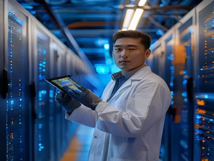 数据中心工程师手持美光HBM内存芯片,背景是服务器机架