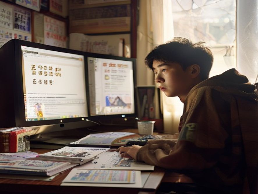 一位河南考生在电脑前查看高考志愿填报系统,屏幕上显示全省排名和位次