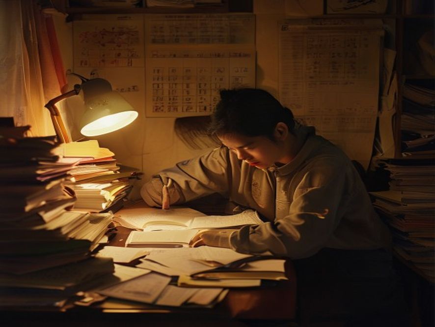 河南考生深夜在台灯下刷题,桌上堆满试卷和课本,墙上有高考倒计时