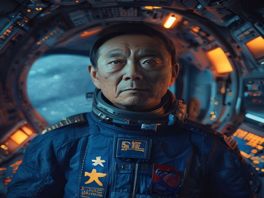段奕宏形象饰演章北海,独自站在太空飞船内,窗外繁星,表情悲壮