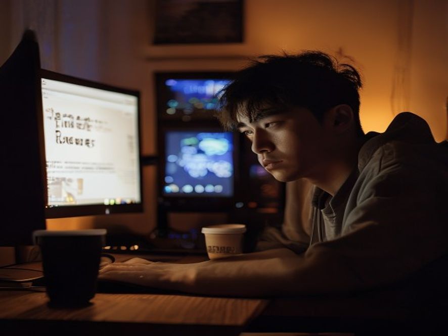 年轻粉丝深夜守在电脑前观看直播,屏幕显示主播因身体不适停播