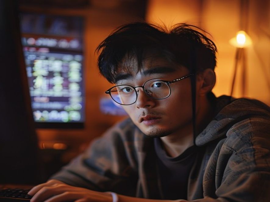 一位年轻男子对着电脑屏幕,上面显示小米股价下跌,手边放着手机,表情焦虑