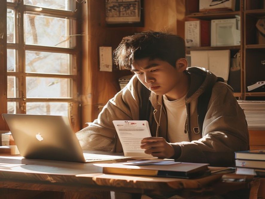 一名大学生坐在书桌前,旁边放着旧款MacBook Pro和iPad,手里拿着苹果产品价格清单,表情沮丧