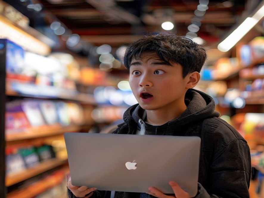 一名年轻男子在苹果店内惊讶地看着MacBook Air的价格标签,显示涨价后的价格