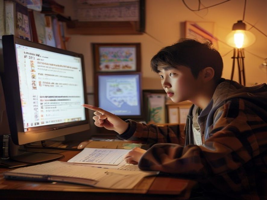 学生在电脑前查看专业名称和课程目录