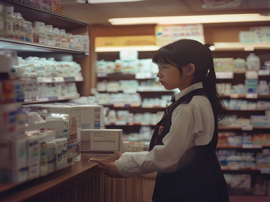 女孩在药店柜台前买感冒药