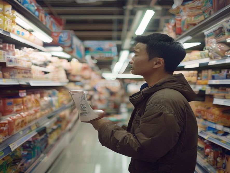 消费者在超市手拿波兰牛奶罐阅读标签