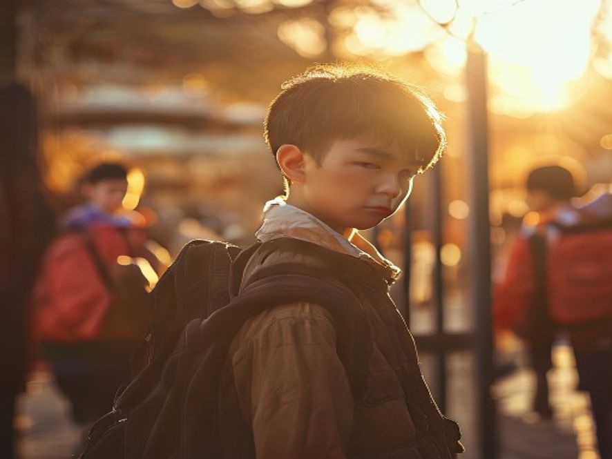 一个孩子背着书包,站在校门口,眼神委屈地看着前方