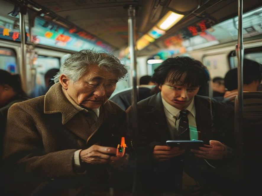 首尔地铁上韩国老人和年轻人盯着手机看股市K线图