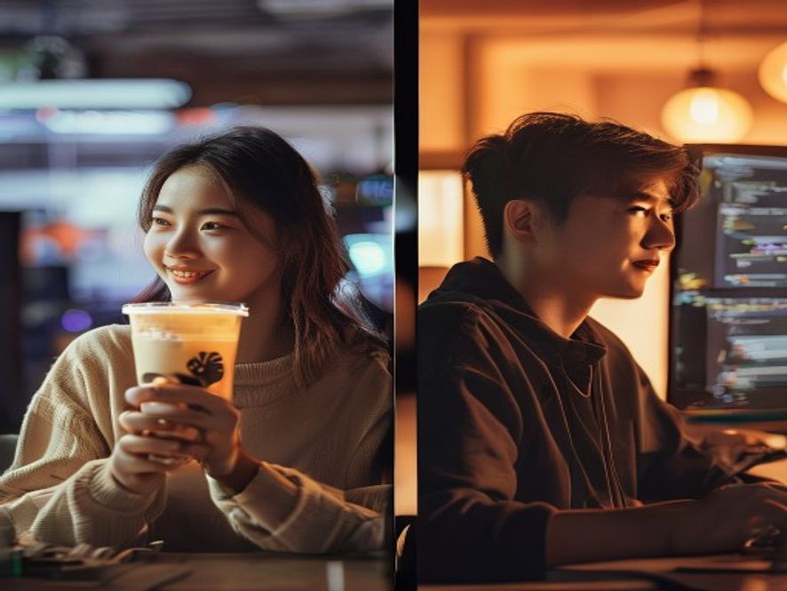 一个人悠闲喝奶茶对比另一个人专注在电脑前工作,体现免费版尝鲜和专业版干活