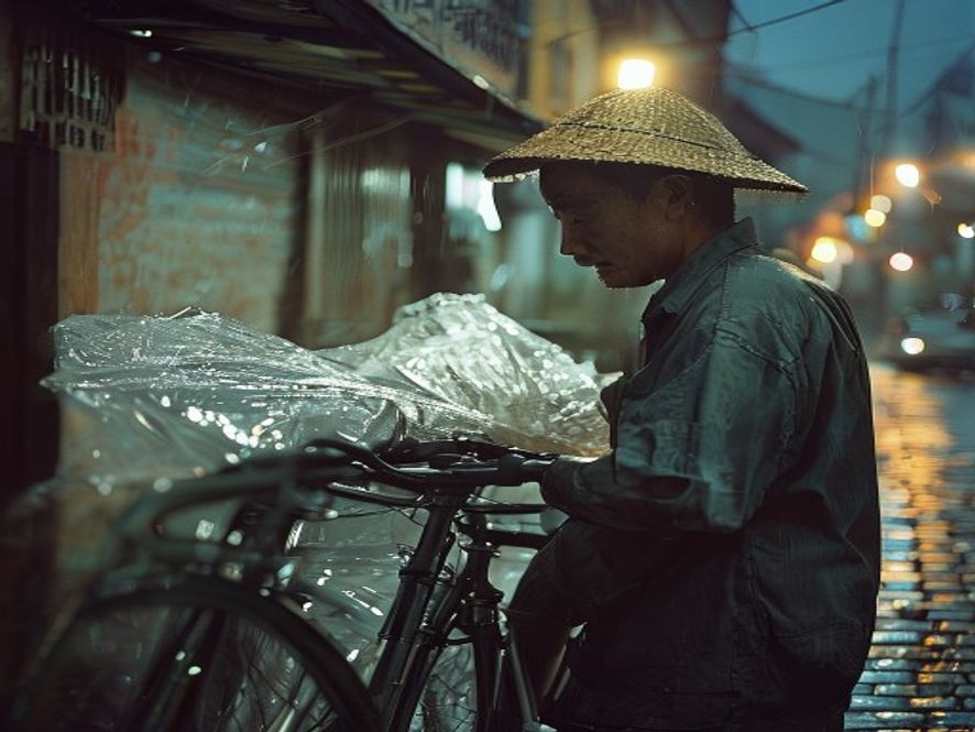 一个棒棒用塑料布遮住共享单车,自己淋着雨