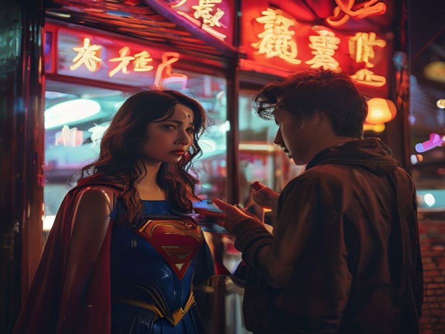 影院外一对情侣对着忧郁风格的超级少女海报露出困惑表情