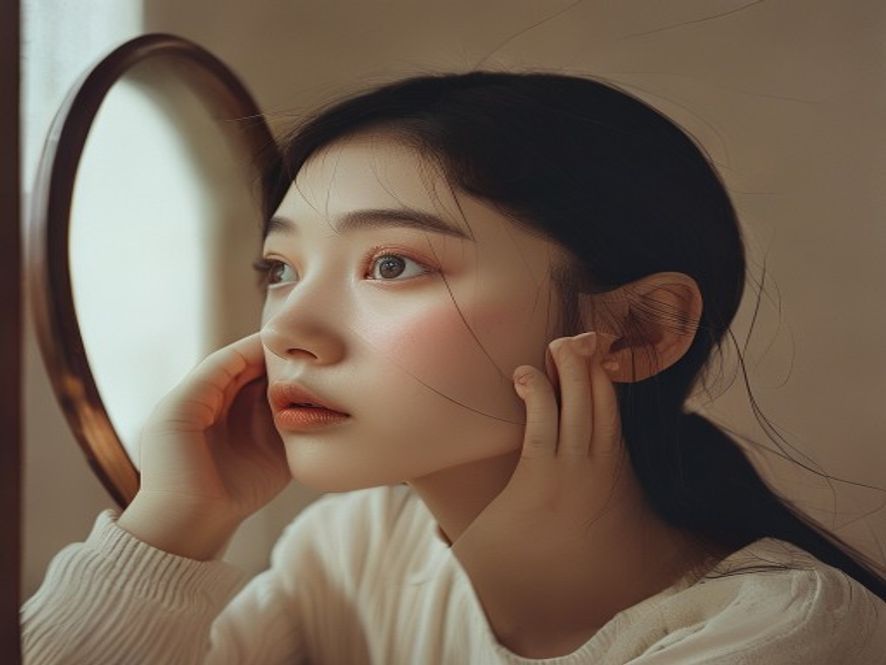 一位女性有大眼睛和高鼻梁,但发际线偏高、脸型偏方,侧面看有不协调的美感