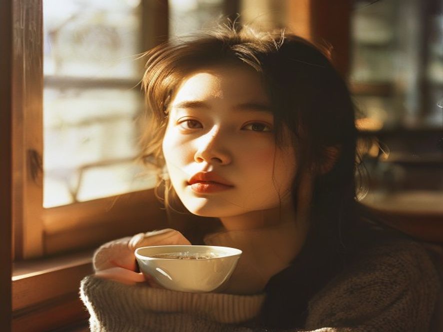 一位单眼皮、鼻子略塌、嘴唇厚的年轻女子在咖啡馆里,带着独特而耐看的气质
