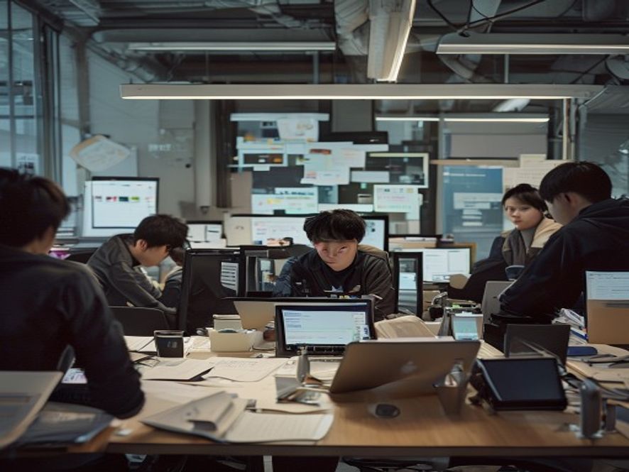 字节工位上员工被同事和消息干扰的场景