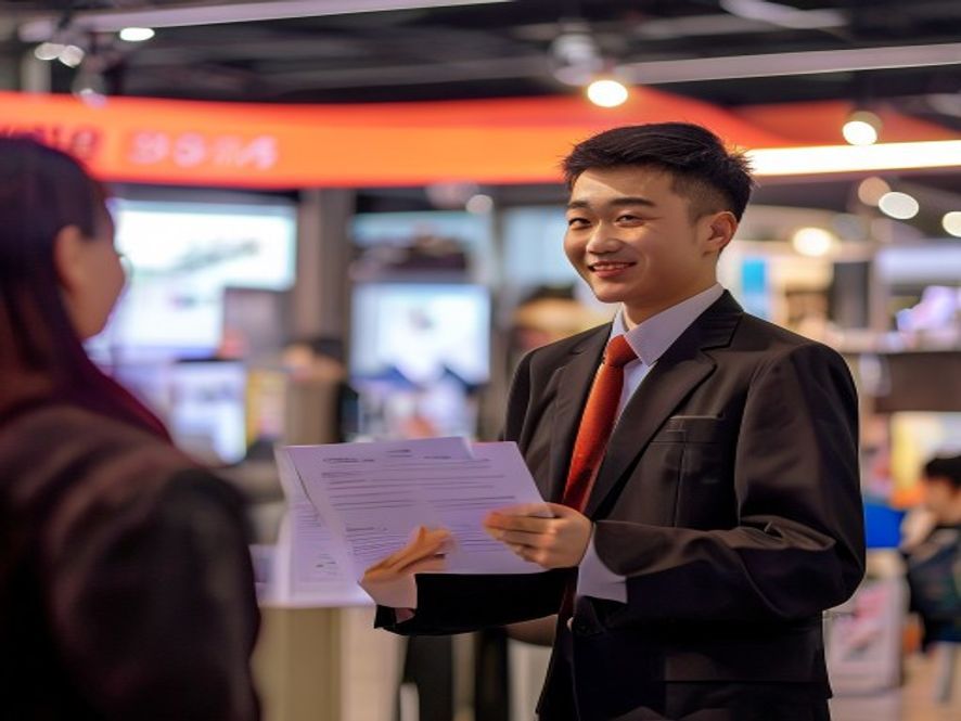 大学毕业生在校招会上自信投递简历,背景有985高校标识