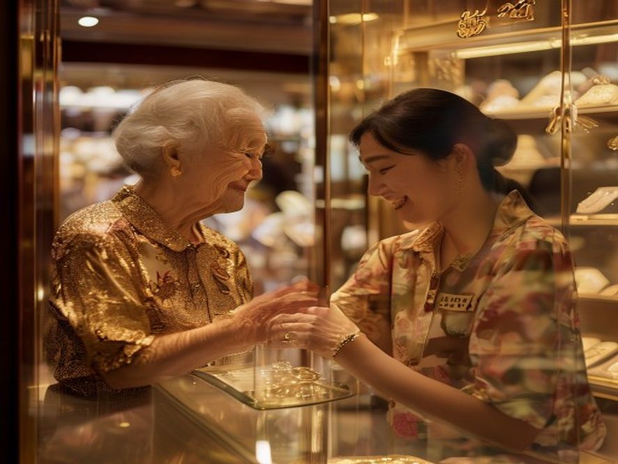 妈妈在金店看金价,标签显示每克近六百元