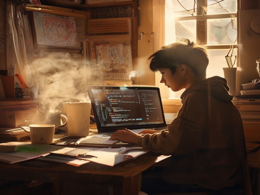 一名中国学生在书桌前使用笔记本电脑,屏幕上显示复杂数学公式和代码,旁边放着一杯廉价咖啡,体现低成本推理