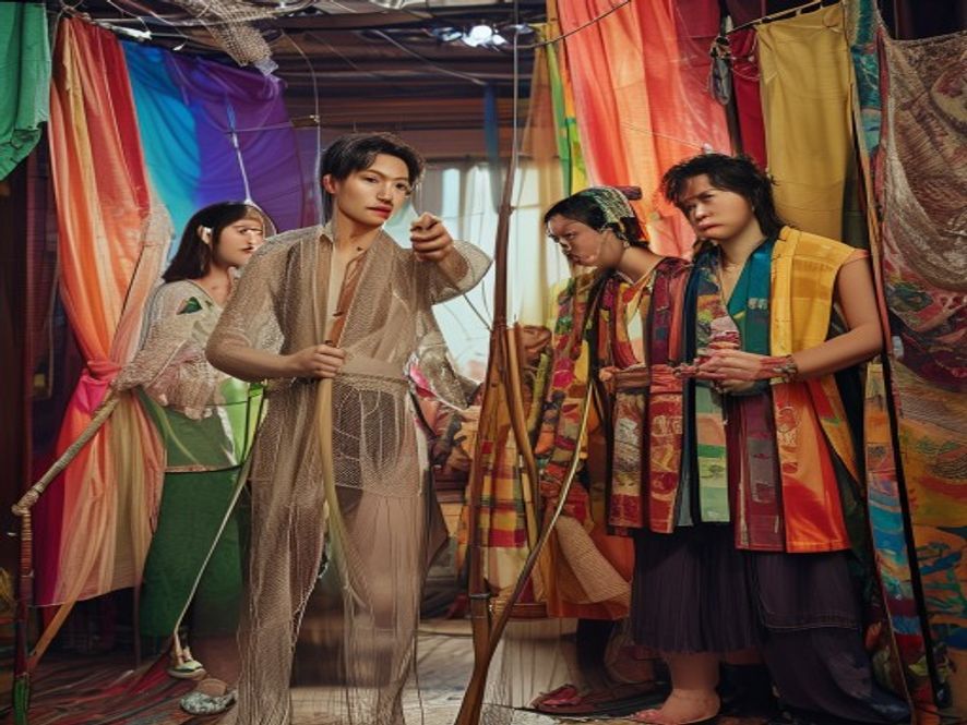 《太子妃升职记》剧组穿着蚊帐窗帘改的戏服,手持木棍