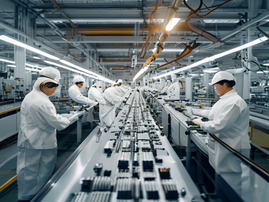 新能源电池工厂工人忙碌生产,环境明亮高效