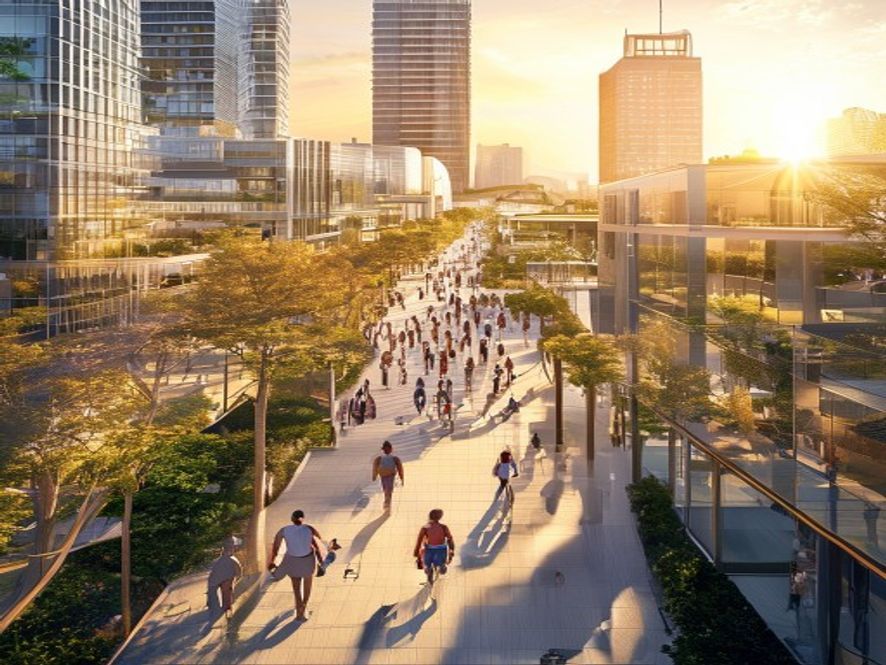企鹅岛未来城市园区全景,现代建筑与绿色公园交融