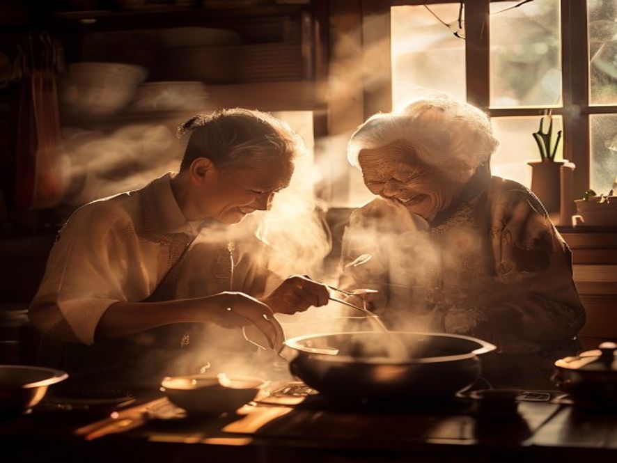 年轻人在厨房与阿嬷一起煮肉骨茶,温馨家庭场景