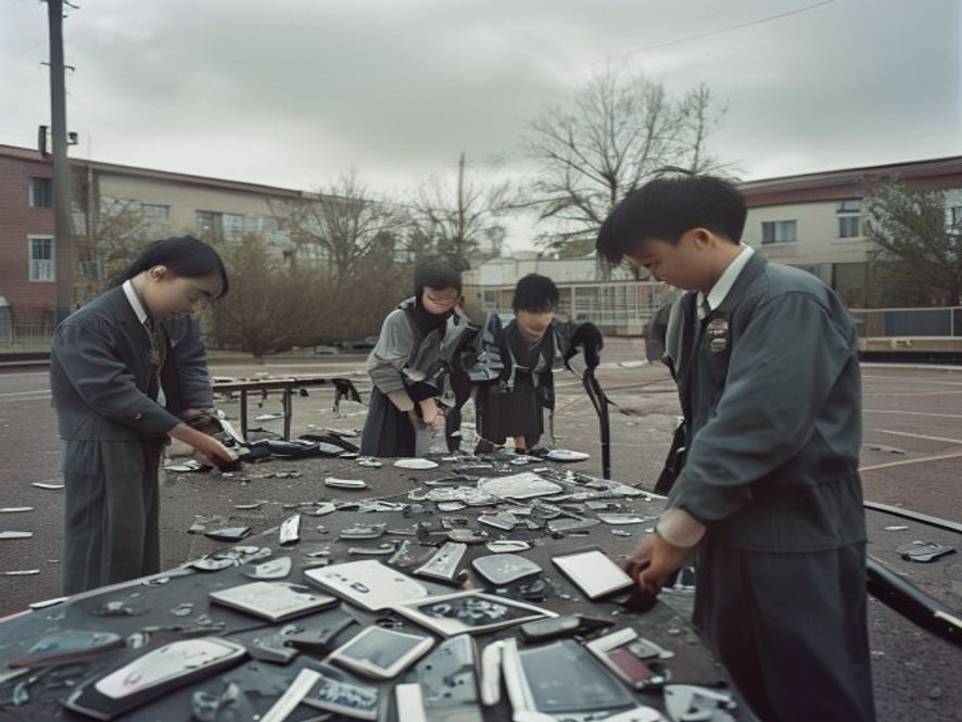 学校当众砸毁手机的现场场景