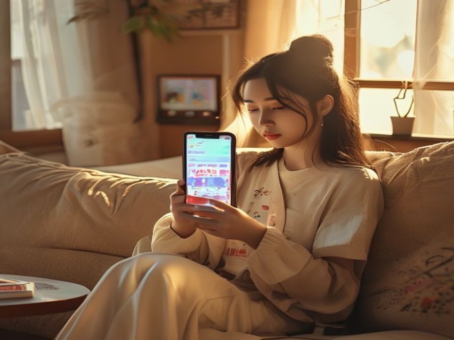 年轻女子手机刷到若曦塌房评论的惊讶表情