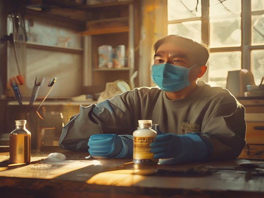 一个人戴着防护手套和口罩使用洗甲水稀释油漆