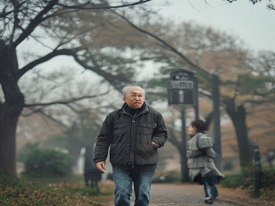 中国北方市民穿着长袖外套在阴天散步
