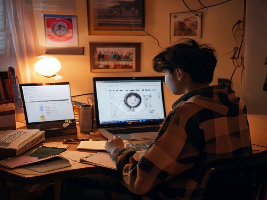 一个学生在电脑前搜索专业信息,屏幕显示生物医学工程等字样
