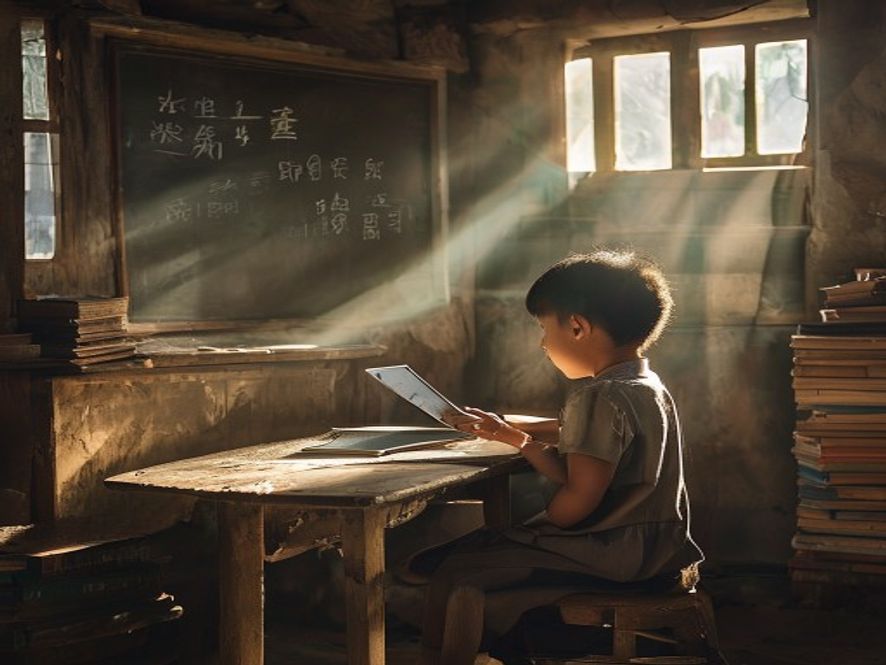 农村孩子通过平板电脑在线学习,旁边是简陋的教室