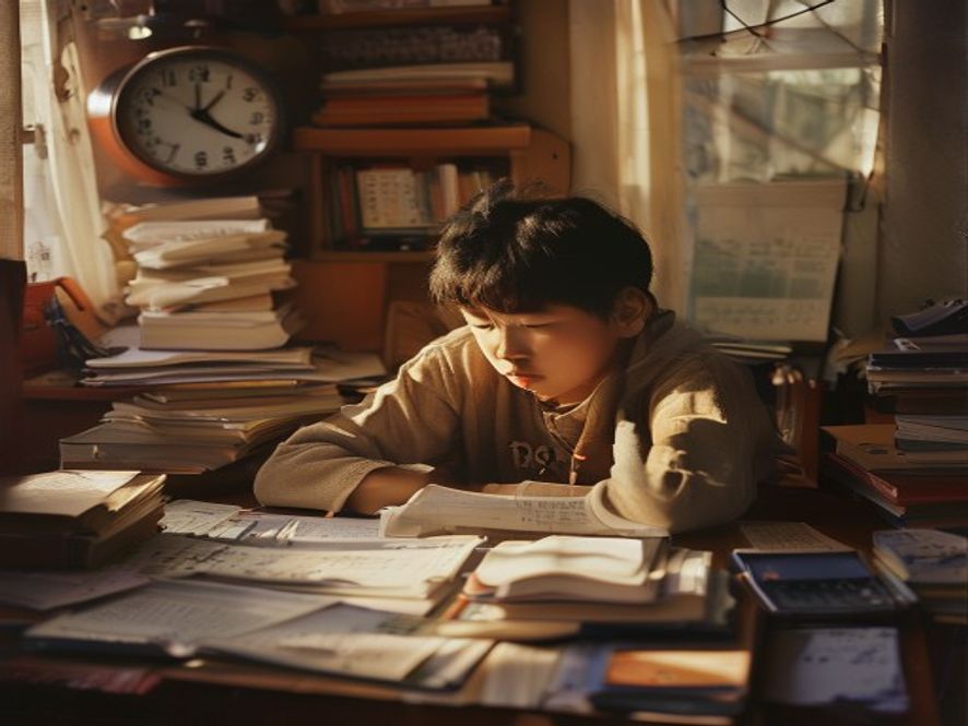 一个孩子在堆满作业和试卷的书桌上疲惫地低头