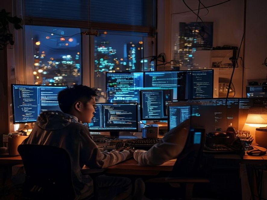 程序员在深夜运行AI任务调度