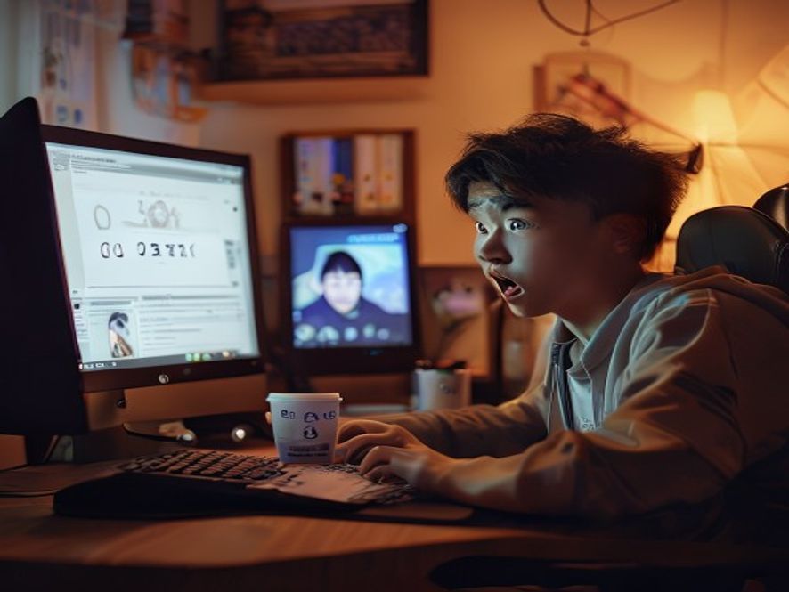 一名年轻玩家在电脑前惊讶地看到游戏界面上0731编号的试药档案