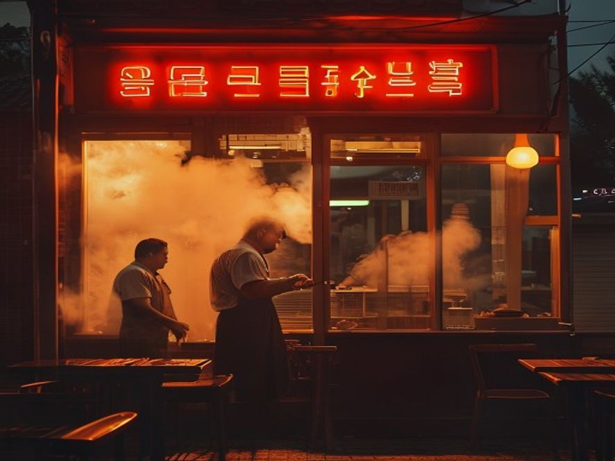 韩国烤肉店外,店员对洪明甫做出拒绝手势
